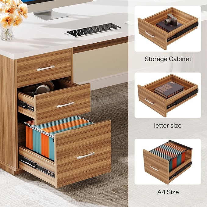 Tribesigns 85.8-Inch L-Shaped Executive Desk Extra Large Modern Office Desk with File Drawers Door Cabinet &amp Shelves Commercial Office Table Home Business Workstation White &amp Brown
