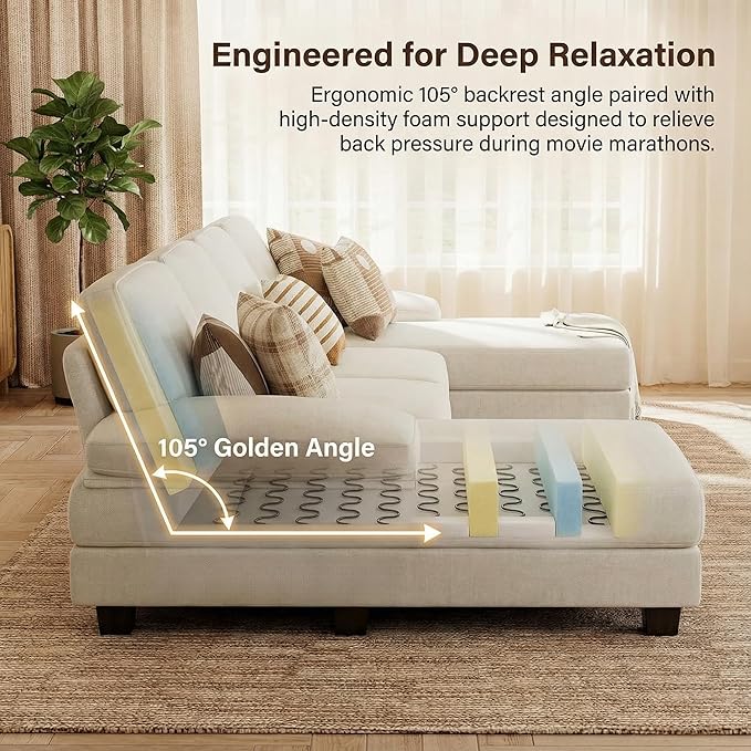 Homall Modular Sectional U Shaped Sofa Couches for Living Room Comfy Chenille 4 Seat Sofa Set with Removable Pillows Lounge Chaise Upholstered Couch for for Apartment (Chenille White)