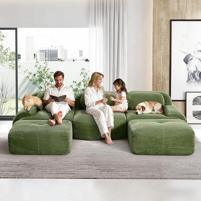 117.3 L Shaped Sectional Cloud Sofa Couch Corduroy Modern Memory Foam Boneless Modular Couches Chaise for Living Room Bedroom(3-Seater&amp2 OttomanGreen)