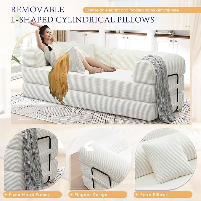 Convertible Folding Sofa Bed Corduroy Sleeper Mattress Couch with Fixed-Shape Frame Free Combination Loveseat Lounge Floor Sofa Queen Size Memory Foam Couch for Living Room Bedroom White