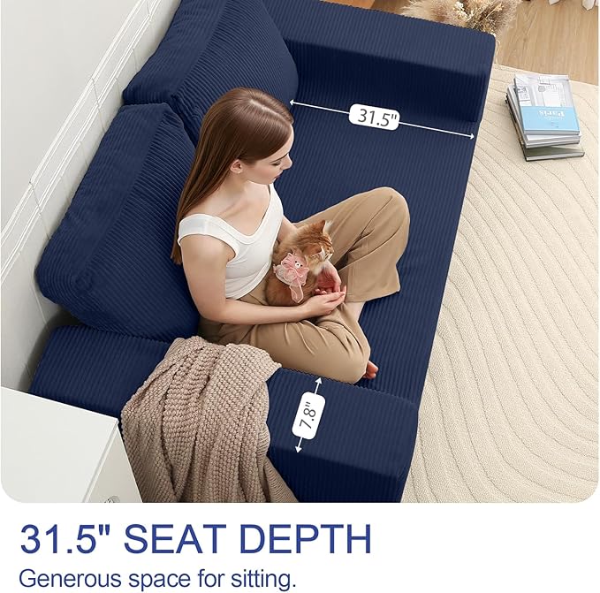 COMAX Convertible Sofa Bed Queen Folding Fold Out Couch Bed Floor Futon Couch Corduroy with Back Pillows Boneless Sofa Comfy Lounge Sleeper Mattress Loveseat for Living Room Bedroom Navy Blue