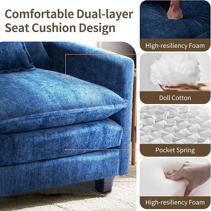 SweetGO corporation 40 Chenille Lounge Chair for Reading Modern Couch Cozy Sofa Bed Upholstered Living Room Single Sofa Accent Chair with Ottoman Set of 2 Blue
