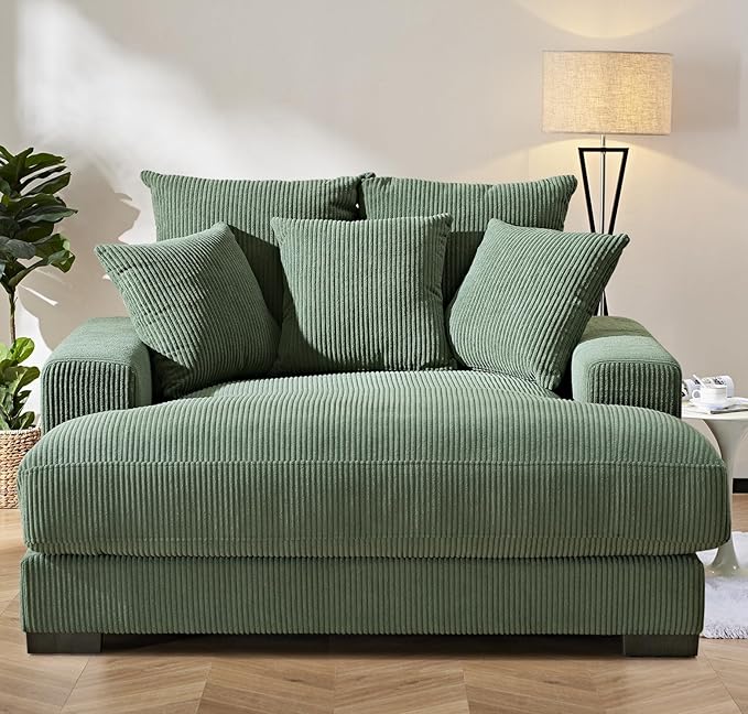 Luxe Upholstered Chaise Lounge Sofa in Soft Corduroy Fabric with Removable Cushions Oversized Chair for Relaxing in Living Room or Bedroom 55.1 Wide Green