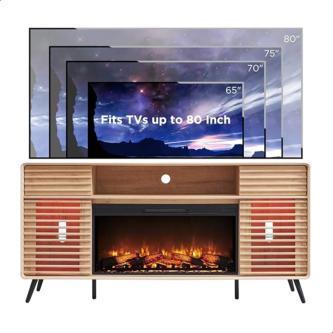 RedLemon Fireplace TV Stand for 80 Inch TV Mid Century Modern Entertainment Center with 36 Electric Fireplace &amp Led Lights Wood Media Console w/Slatted Sliding Doors for Living Room Natural Oa