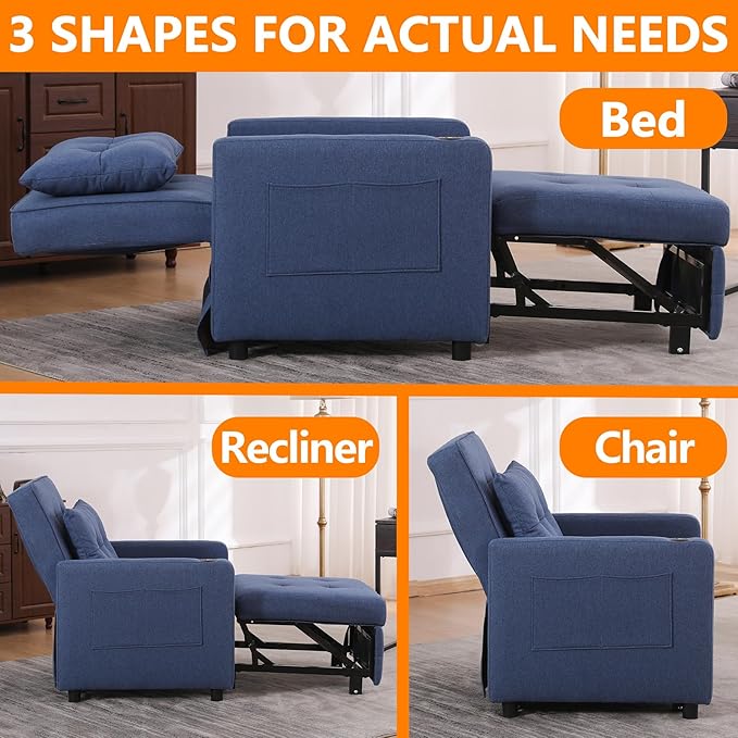 3 in 1 Chair with Pull-Out Sofa Convertible Slip On Sleeping Armrest Sofa Chair with Storage Pockets and Adjustable Backrest Comfortable Folding Seat for Bedroom Bed (Dark Grey) (Blue)