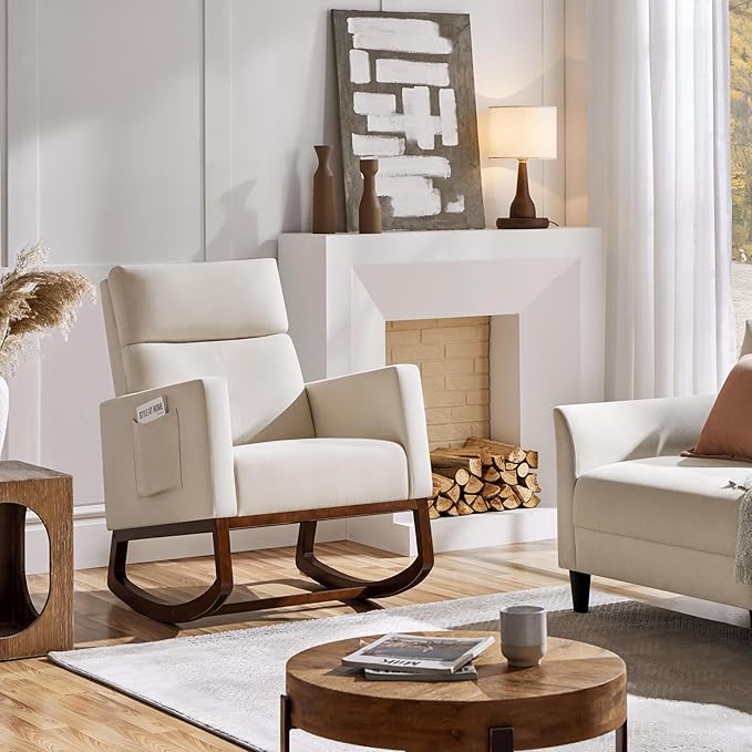 Yaheetech Rocking Living Room Chair Upholstered Glider Chair with Side Pocket Modern Accent Chair with High Back Comfy Armchair for Living Room Bedroom Lounge Nursery Beige