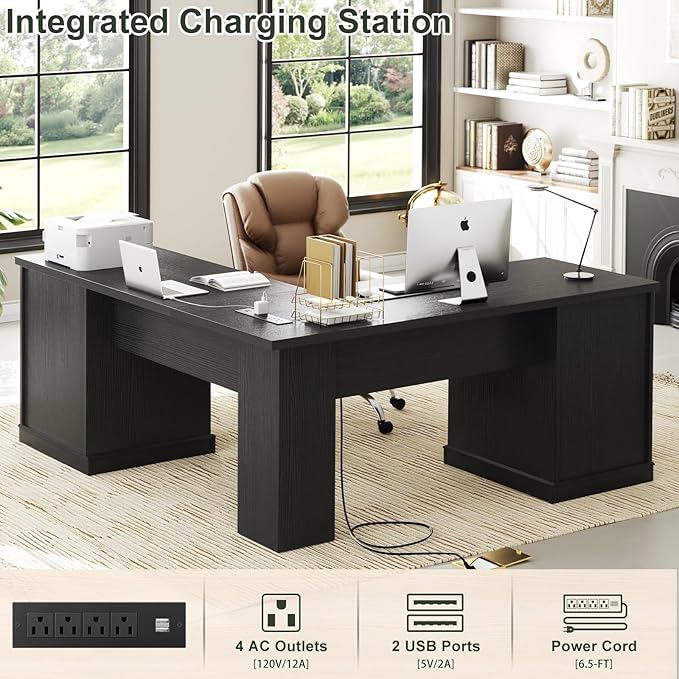 Unikito Farmhouse L Shaped Executive Desk with File Drawers 60 Corner Computer Desk with Power Outlets Large 2 Person Home Office Table with Storage Cabinet Sturdy Writing Desk Black