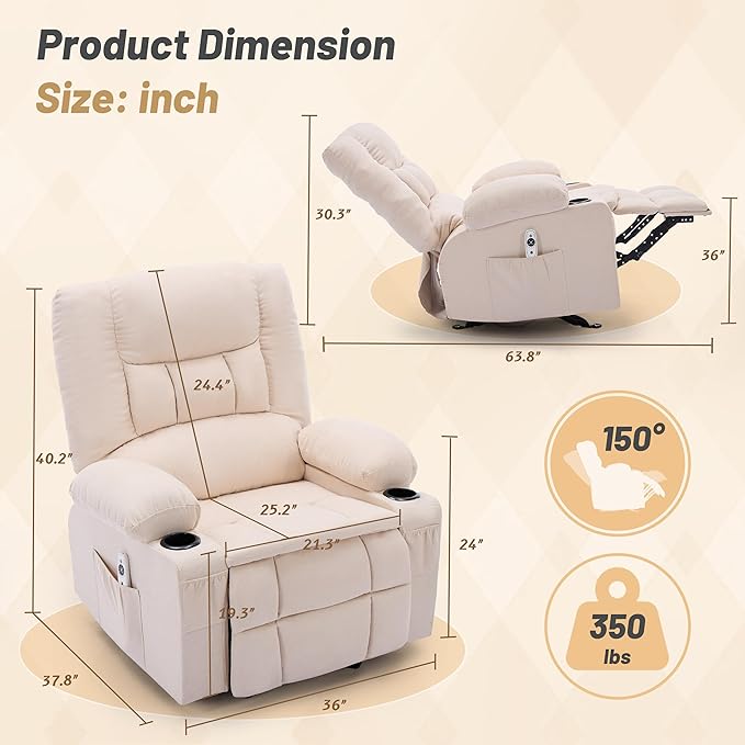 Rocker Recliner Chair with Massage and Heat Nursery Rocking Chairs for Living Room Ergonomic Comfy Relining Chair with Cup Holders USB Charge Port Side Pockets Recliner Chair for Adults Beige