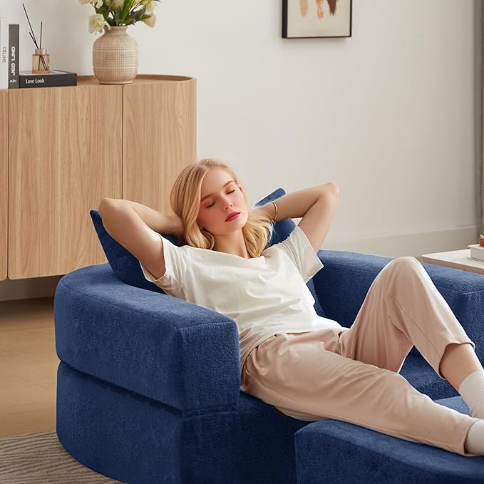 41 Futon Sofa Bed Velvet Futon Couch Convertible Sleeper Floor Sofa Bed Upholstered Couch Reading Chair for Living Room (Blue 41)