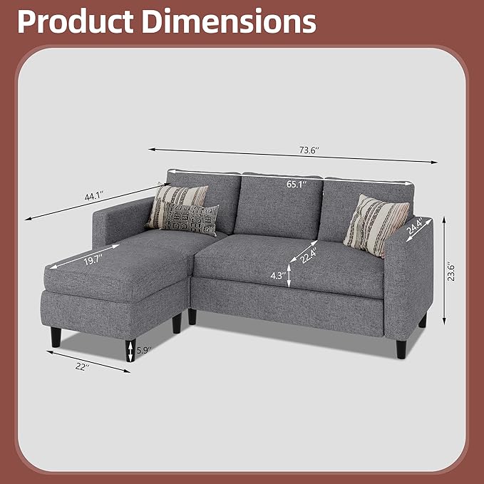 JAMFLY Sectional Sofa Couch Convertible L Shaped Sofas with Ottoman Small Sectional Couches for Living Room 3 Seater Couch for Small Spaces Dark Grey