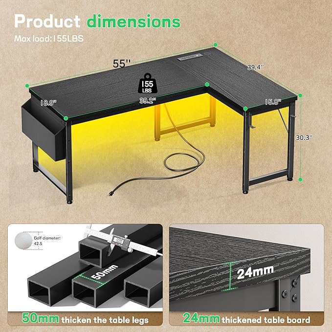 L Shaped Desk Gaming Desk with Power Outlets &amp 0.95 Inch Thicker Desktop Computer Desk with Storage Bag Corner Desk with LED Lights Reversible Office Desk for Home LivingBedroom Black