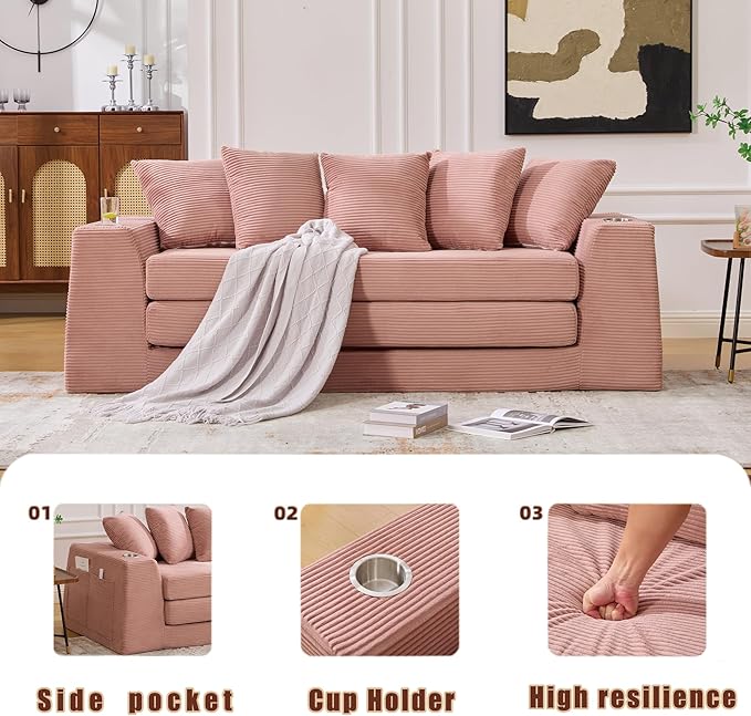 82'' Convertible Sofa Bed 2-in-1 Boneless Sleeper Sofa with Cup Holder &amp Pocket Corduroy Loveseat Sleeper Couch with 5 Pillows Pull Out Couch for Living Room Bedroom No Assembly (Pink)