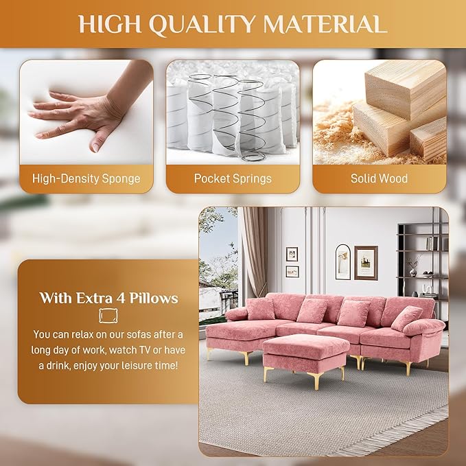 U Shaped Sectional Couch Sofa 114 Convertible L Shaped Sofa with Ottoman &amp Chaise Lounge Modern Oversized Modular 4 Seat Sleeper Sofa Set for Living Room Office Pink Velvet