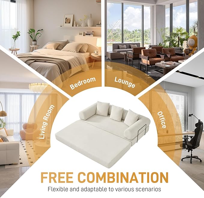 Convertible Sofa Bed Corduroy Memory Foam Compression Sofa Modular Floor Sofas with Pull-Out Bed Compressed Couch in Box Foldable Sleeper Couch Bed for Living Room Bedroom Lounge Beige White