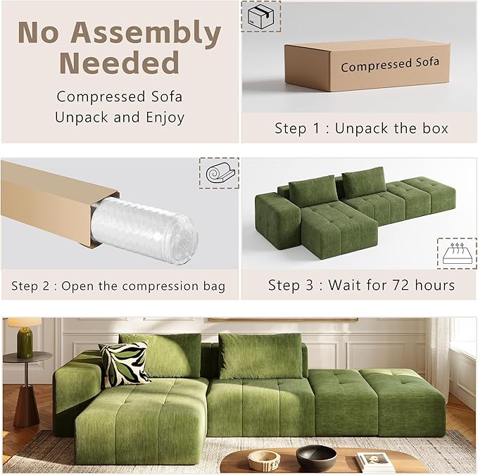 141 Cloud Sectional Couch for Living Room Oversize Boneless Modular Sectional Sofa with Deep Seat L Shaped Modern Cloud Sleeper Sofa Bed with Chaise Green