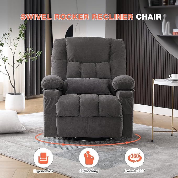 Massage Swivel Recliner Chair with Vibration Massage and Lumbar Heating for AdultsOversized Rocker Recliner Single Sofa with Side PocketTwo Cup Holders and USB Charge Port for Living Room