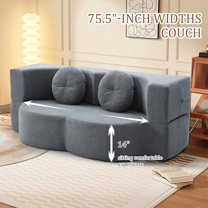 Convertible Folding Sofa Bed 75.5 Boneless Cloud Couch Loveseat Floor &amp Futon Lounge Sleeper Couches Lychee Velvet for Living Room Office Small Spaces No Assembly Required Grey
