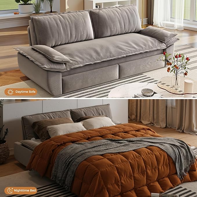 73.2 Queen Pull Out Sofa Bed Pullout Sofabed 3 in 1 Convertible Sleeper Couch Velvet Loveseat Futon with 2 Soft Pillows for Living Room Apartment Small Space