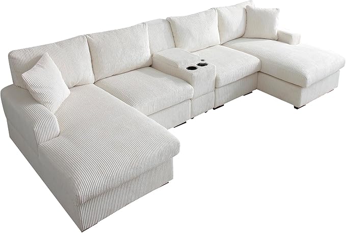 U-Shaped Sectional Cloud Sofa with Storage Console and Cupholders 126-Inch U-Shaped Symmetrical Corduroy Sectional Couch W/2 Chaise LoungesUSB-C Ports &amp 2 Pillows