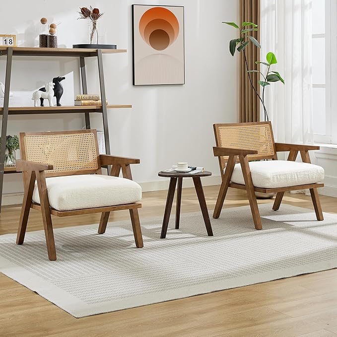 GarveeHome Mid-Century Farmhouse Accent Chair - Wood Armchair with Rattan Backrest &amp Linen Cushion for Living Room Bedroom - White Easy Assembly(2 Pcs)
