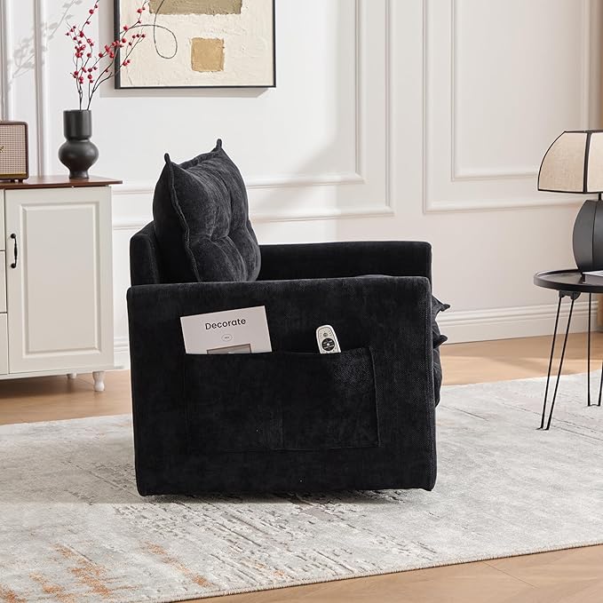 Swivel Accent Chair 360° Rotation Chenille Upholstered Leisure Armchair with Lumbar Pillow Thick Padded Arm Chair with Metal Base Single Sofa Chair for Living Room BedroomOffice (Black)
