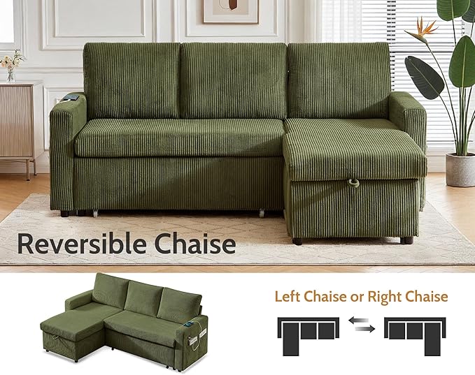 WEUP 82 L Shaped Sectional Sleeper Sofa Bed with Pull Out Bed Sectional Sleeper Couch Pull Out Couch with Reclining Backrest/Reversible Storage Chaise/USB Ports/Tool-Free Assembly Corduroy Green