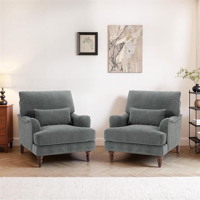 UIXE Accent Chairs Set of 2 Chenille Upholstered Armchair for Living Room Comfy Arm Chair Single Sofa Bedroom Retro Reading Seat with Solid Wood Legs - Gray
