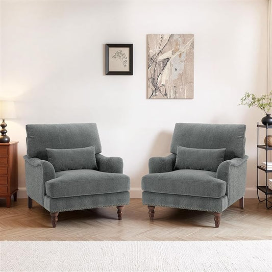 UIXE Accent Chairs Set of 2 Chenille Upholstered Armchair for Living Room Comfy Arm Chair Single Sofa Bedroom Retro Reading Seat with Solid Wood Legs - Gray