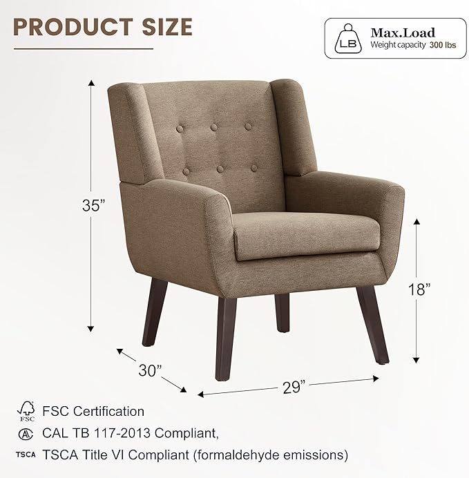 HUIMO Accent Chair Upholstered Button Tufted Armchair Linen Fabric Sofa Chairs for Bedroom Living Room Mid-Century Modern Comfy Reading Chair (4 Brown)
