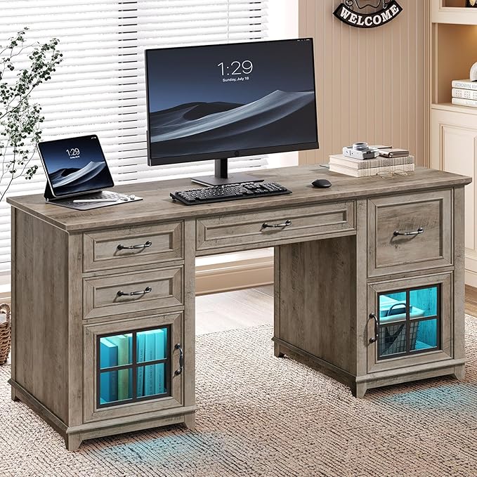 58 Farmhouse Executive Desk Farmhouse Computer Desk with Drawers &amp File Cabinet Wooden Home Office Desk with Power Outlet &amp LED Light Workspace for Study Writing Greige