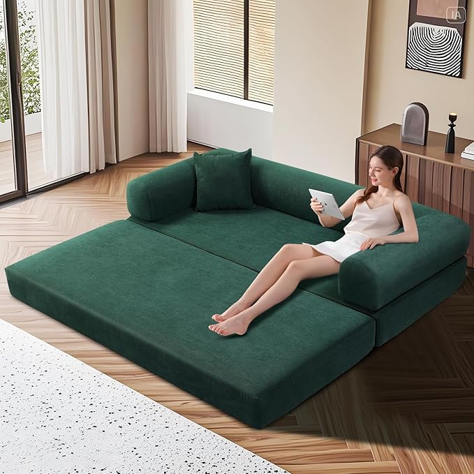 KBQ 3-Seat Convertible Sleeper Sofa Bed with 2 Pillows Corduroy Folding Mattress Couch Floor Sofa Lounge Couch for Living Room Bedroom Lounge Studio Deep Green