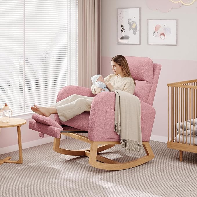 GarveeHome Teddy Fleece Rocking Chair with Footrest Modern Nursery Glider Chair with Side Pockets and Pillow Rocker Chair for Living Room Bedroom Nursing Room Pink