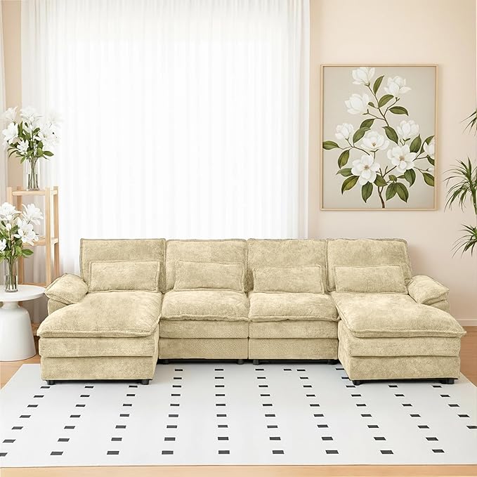 110 U Shape Sectional Sofa Cloud Couch for Living Room Upholstery Comfy Modular Sofas 4 Seat Chenille U-Shaped Sleeper Sofa with Chaise Lounge Pillows for Apartments Kakhi