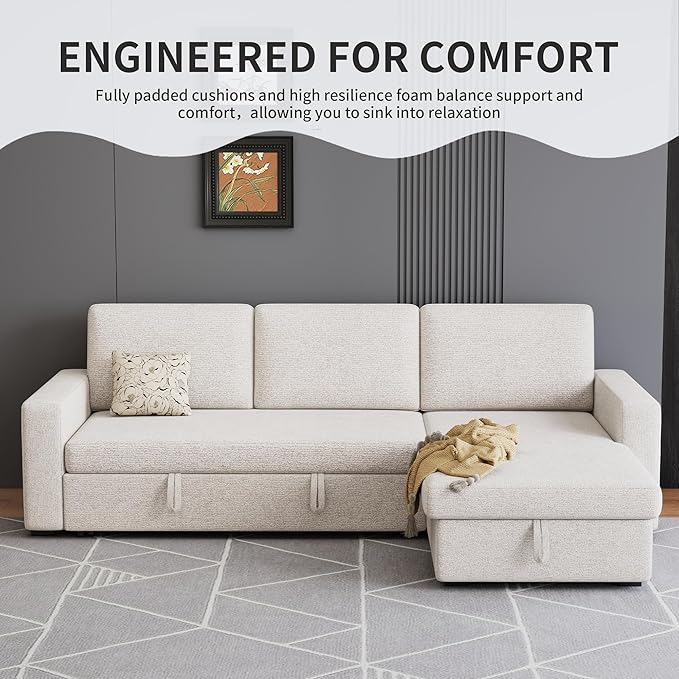 81 inch 3-seat Convertible L Shaped Sleeper Sofa Pull Out Sectional Couch with Storage Chaise &amp Removable Cushions Modern Furniture for Small Living Room Apartment Loft Beige