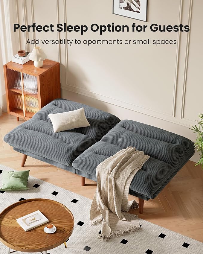 66″Futon Sofa Bed3-in-1 Futon Couch w/Adjustable Backrest &amp Armrests Convertible Sleeper Sofa Bed Small Folding Sleeper Recliner w/Removable Cushion for Apartment Living RoomOffice (66inGrey