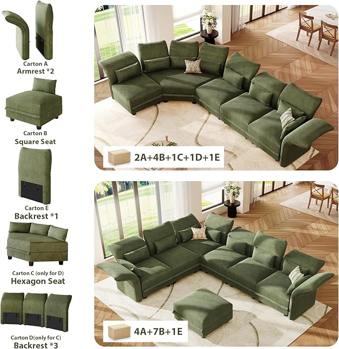 LLappuil 1 Piece Backrest for Modular Sectional Sofa Couch with Adjustable Angle Interchangeable to Armrest Carton E Green Corduroy | Tool Free Assembly Flexible Layouts