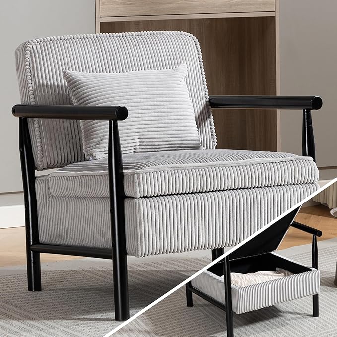 Grey Accent Chair with Storage for Living Room 24 W Mid Century Modern Chair with Cushion Upholstered Corduroy Reading Chair with Wooden Legs Comfy Arm Chairs(Grey)