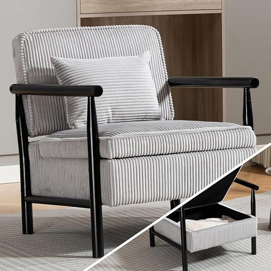 Grey Accent Chair with Storage for Living Room 24 W Mid Century Modern Chair with Cushion Upholstered Corduroy Reading Chair with Wooden Legs Comfy Arm Chairs(Grey)