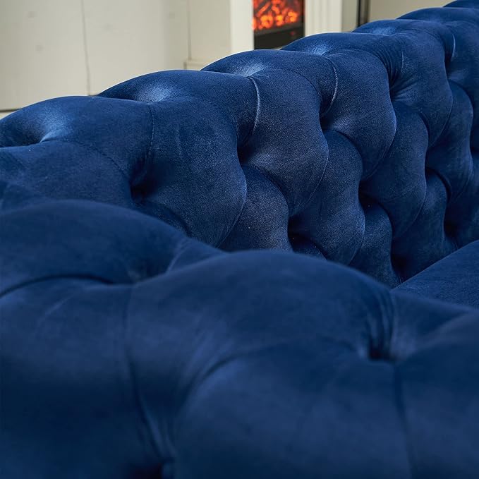 Chesterfield Modern Tufted Velvet Living Room Sofa with High Armrest and Metal Legs Decor 84.25''W 3 Seater Couch Couches Furniture for Bedroom Office (Blue)