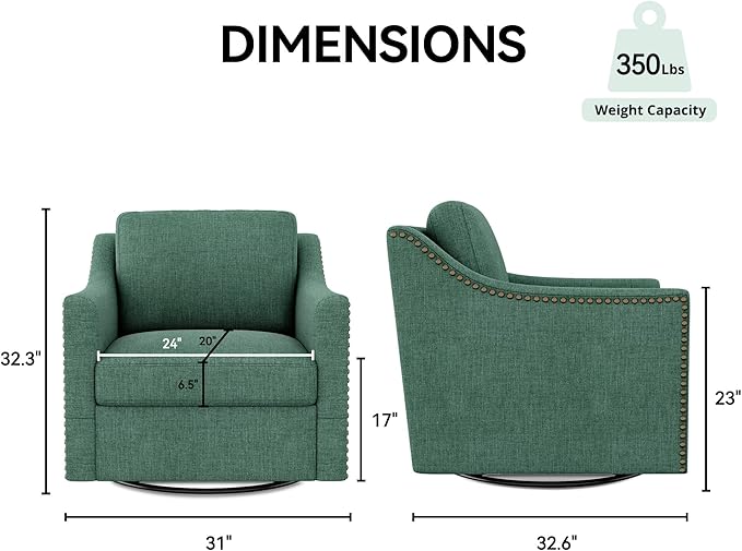 Swivel Accent Chair Modern Comfy Linen Upholstered Barrel Armchair with Nailhead Decor and Metal Base Soft Oversized Round Swivel Chair for Living Room Bedroom Club (1 Green)