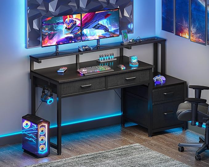 AODK Computer Desk with 4 Drawers 48 Inch Office Desk with Printer Shelf &amp Built-in Power Outlet Work Desk with Monitor Shelf for Home Small Spaces Black