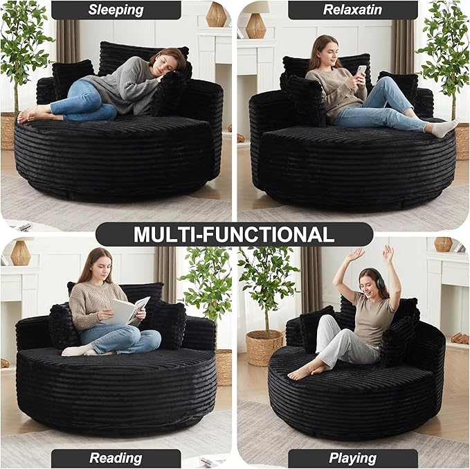 55 Oversized 360 Degree Swivel Chair Modern Round Chair Lounge Upholstered Corduroy Swivel Accent Chair with Deep Seat Comfy Fluffy Sleeper Sofa for Living Room Bedroom Apartment (Black)