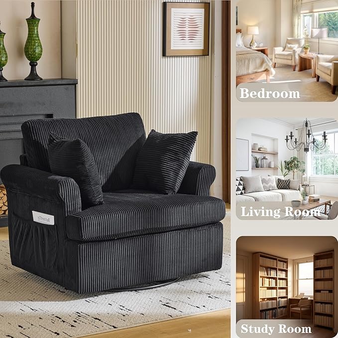 39 Oversized Armchair360°Swivel Accent ChairComfy Upholstered Corduroy Chairs W/2 Pillows and 2 Side PocketsModern Side Reading Seat for Living RoomBedroom and Office (Black)