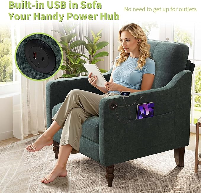 Small Accent Chair Comfy Reading Chairs for Adults with Side Storage Ergonomic Armchair with Wide Backrest Room Chairs with USB Charging Port Living Room Apartment Bedroom (Dark Green)
