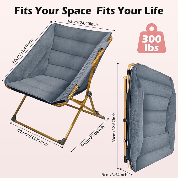 Comfy Saucer Chair for Adults Soft Faux Fur Bedroom Chair Cozy Folding Lounge Chair Reading Chair for Living Room Dorm &amp Bedroom Grey