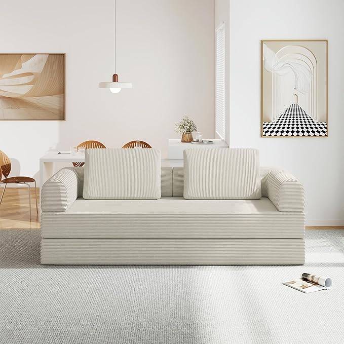 Convertible Sofa Bed 5-in-1 Pull-Out Futon Boneless Couch for Living Room &amp Guest Room Corduroy Sleeper Sofa with Steel Support Brackets 78.7 3-Seater with 2 Pillows (Beige)