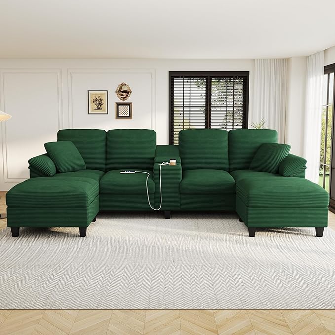 U-Shaped Sectional Cloud Sofa with Storage Console and Cupholders 116-Inch U-Shaped Symmetrical Corduroy Sectional Couch W/2 Ottoman Chaise LoungesUSB-C Ports &amp 2 Pillows