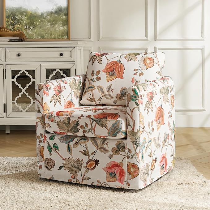 HULALA HOME Swivel Accent Chairs Set of 2 with Removable Cover Floral 360-degree Swivel Barrel Chairs Upholstered with Reversible Seat Cushion for Living Room Floral