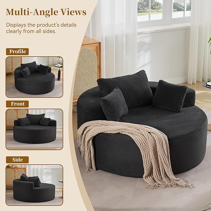 55''Oversized Round Boneless Chaise Lounge ChairCorduroy Modern Floor Sofa Deep Seat Compressed Circle Comfy Barrel Chair No Assembly Sleeper Cloud Sofa Couch Bed for Living Room BedroomBlack