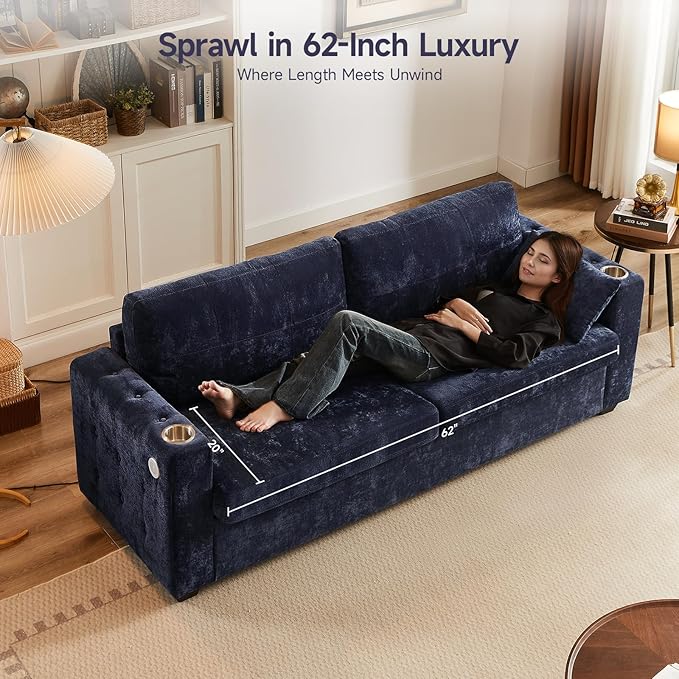 ONBRILL Pull Out Sofa Bed Chenille Full Size Sleeper Sofa Bed with Cup Holder and USB Port 76 inch Couch Bed with Memory Foam Button Tufting Loveseat Couch for Living Room Blue